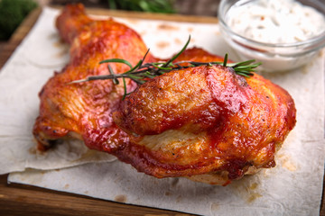Chicken, turkey fillet, wings, thighs, carcass. Grilled Bird. Barbecue poultry meat. 