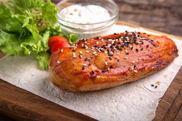 Chicken, turkey fillet, wings, thighs, carcass. Grilled Bird. Barbecue poultry meat. 