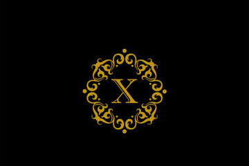 Gold Elegant letter X. Graceful style. Calligraphic beautiful logo. Vintage drawn emblem for book design, brand name, business card, Restaurant, Boutique, Hotel. Vector illustration on black backgroun