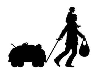 Refugee man and his son silhouette with cart