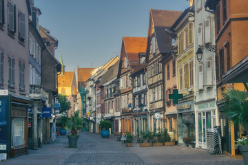Colmar street in the early Sunday morning, a clear day in Alsace