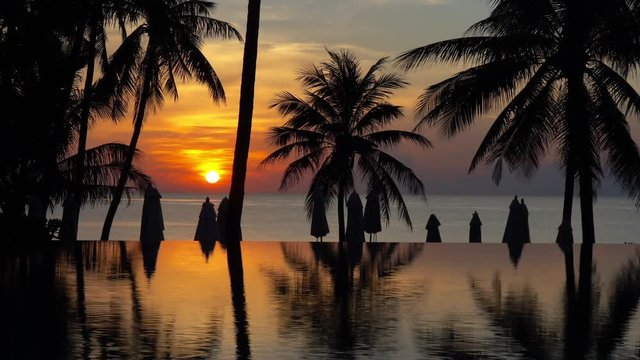 Vibrant orange sunset illuminates swimming pool at tropical beach resort.