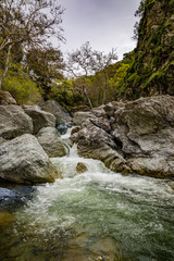 Green bubbly water from Alameda Creek makes a short waterfall as it winds between large rocks with green cliff on the right and trees on the left