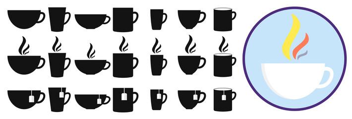 Set coffee cups and teacup icons design template, isolated flat app symbols collection, vector illustration