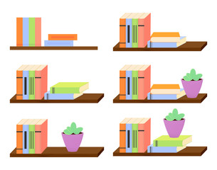Set bookshelf design templates, collection isolated icons, vector illustration