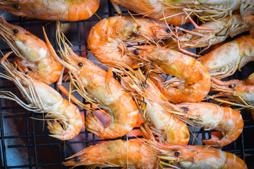 shrimp grilled bbq seafood on stove - prawns shrimps cooked burnt on grill barbecue