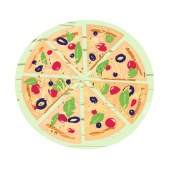 Pizza slices on a wooden board with tomato olives pepper greens cartoon flat vector illustration set.