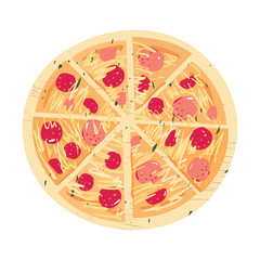 Pizza slices on a wooden board with salami tomato pepper cheese cartoon flat vector illustration set.