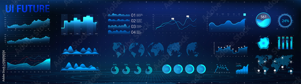 Poster HUD charts and infographic interface UI, UX, KIT. Network management data screen with charts and diagrams. Modern interface with blue infographic, digital illustration. Vector modern web elements
