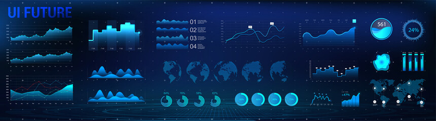 HUD charts and infographic interface UI, UX, KIT. Network management data screen with charts and diagrams. Modern interface with blue infographic, digital illustration. Vector modern web elements