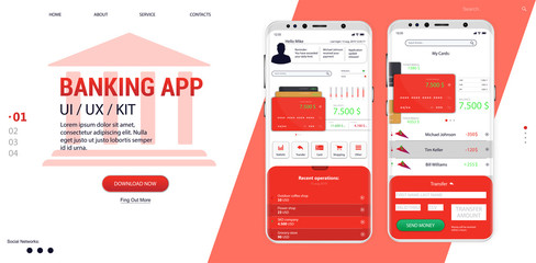 Banking Online - Mobile App (UI, UX, GUI). Well-designed application interface (Card management, Money transfers, Expenses, Payment of bills and E-payment screen) Mobile banking template, vector set