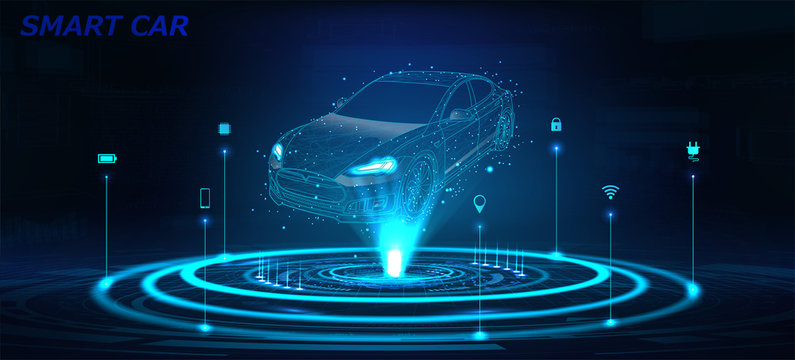 Smart car isometric hologram, in HUD style. Electric auto. Hologram car in low poly style, wireframe in line in the form of a starry sky or space. Smart auto. Virtual graphical interface HUD. Vector