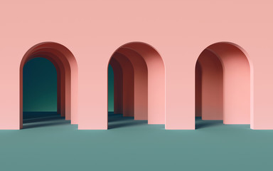 3D-Rendering, abstrakter minimalistischer geometrischer Hintergrund, architektonisches Konzept, Bogen in rosa Wand, Papierschichten