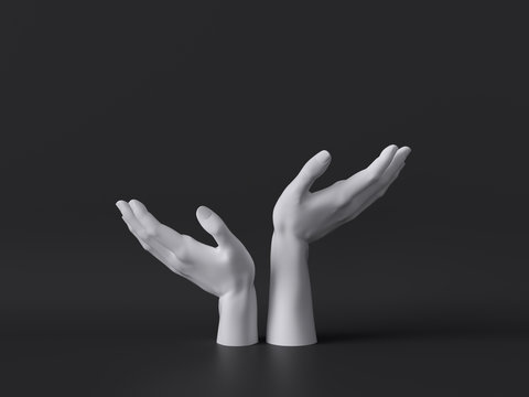 3d render, white female mannequin hands isolated on black background, body parts, fashion concept, religious prayer, sacred ritual, holding gesture, clean minimal design, blank space