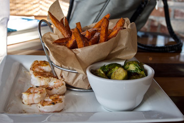 Sweet Potato Fries, Brussels Sprouts and Shrimp for Dinner
