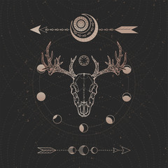 Vector illustration with hand drawn Stag skull and Sacred geometric symbol on black vintage background. Abstract mystic sign.