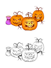 Halloween illustration with smiling Pumpkins and bag on a white background. Page of coloring book.