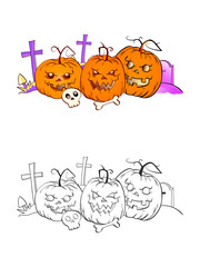 Halloween illustration with smiling Pumpkins, skull and grave on a white background. Page of coloring book.