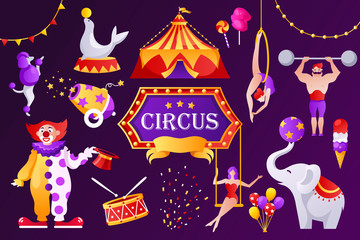 Circus banner template. Set of cartoon vector objects and characters. Vector illustration. Acrobats and animals.  Promotion Show.