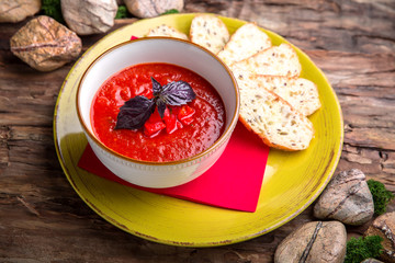 Fragrant tomato carpaccio soup. Nutritious, Dietary, Tasty. First course. Soup. Liquid diet.