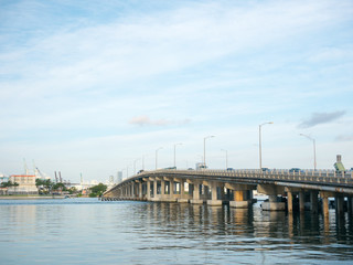 Fototapeta na wymiar Macarthur Causeway Bridge in South Beach, Biscayne Bay, Miami