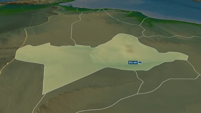 Wadi ash Shati' - district of Libya with its capital zoomed on the physical map of the globe. Animation 3D