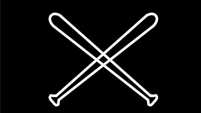 2d Animation monoline style drawing of a baseball ball and crossed baseball bat on white and green screen with alpha matte in HD high definition.