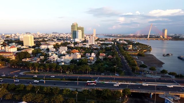 Time Lapse motion shot of highway with busy traffic in Da Nang, Vietnam