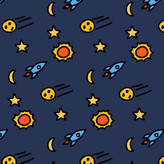 Fototapeta na wymiar Background pattern of doodle line in space concept (Rocket, star, sun, starfall)