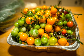 Variety of different rare tomatoes. Colorful red, yellow, orange, Green and purple Fresh tomatoes are served in a tray.