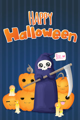 Vertical vector hand draw illustration in cartoons style with cute grim reaper with speech bubble and pumkins and candles  on blue background with stripes. Best for postcard, greeting card