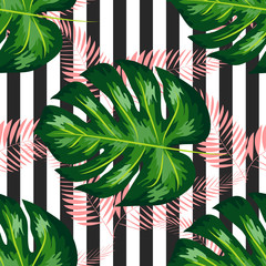 exotic seamless pattern with monstera palm leaves. Tropical hawaiian textile botanical design. Floral backdrop on the black white geometric background.