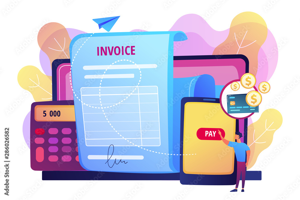 Sticker Money loan contract, e payment application, finances management. Payment terms, convenient contract payments, invoice payment terms concept. Bright vibrant violet vector isolated illustration