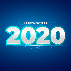 Happy New Year 2020 number with blue glitter splatter. Festive premium design template for greeting card, calendar, banner. glowing lights circle on blue background. Vector illustration