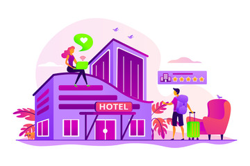 Obraz na płótnie Canvas Tourist giving rating stars to hotel. Traveler accommodation. Hospitality industry. Design hotel, modern architecture, unique interior decoration concept. Vector isolated concept creative illustration