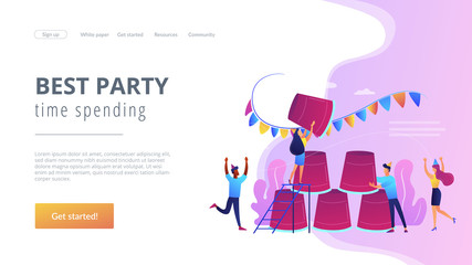 Students having fun, colleagues celebrating holiday, friends playing beer pong. Party game, best party time spending, party game ideas concept. Website homepage landing web page template.