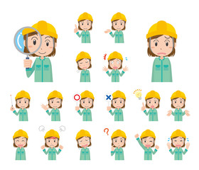 女性　作業着　作業員　作業者　工場　工事現場　ポーズ　セット