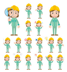 女性　作業着　作業員　作業者　工場　工事現場　ポーズ　セット