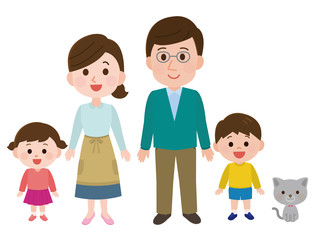笑顔の家族とペットの猫　 イラスト