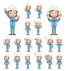 女性　作業着　作業員　作業者　工場　工事現場　ポーズ　セット