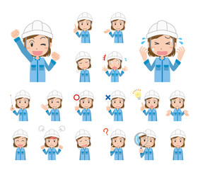 女性　作業着　作業員　作業者　工場　工事現場　ポーズ　セット