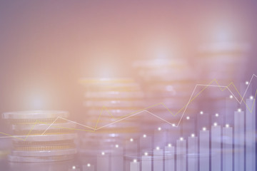 Financial investment concept, Double exposure of city night and stack of coins for finance investor, Forex trading candlestick chart economic , ECN Digital economy, business.