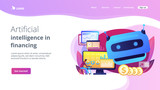 Futuristic calculating machine, business analysis assistance. Artificial intelligence in financing, robo finance advisor, AI hedge funds concept. Website homepage landing web page template.