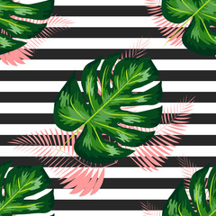 Summer Design for Swimwear. Exotic Palm Greenery Backdrop. Monstera Seamless Pattern.