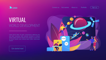 VR space exploration, virtual reality cosmos travel. Virtual world development, simulated environment experiences, virtual worlds design concept. Website homepage landing web page template.