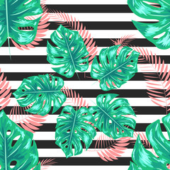 Summer Design for Swimwear. Exotic Palm Greenery Backdrop. Monstera Seamless Pattern.