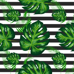 exotic seamless pattern with monstera palm leaves. Tropical hawaiian textile botanical design. Floral backdrop on the black white geometric background.