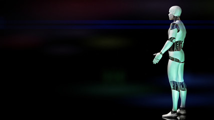 Fototapeta na wymiar futuristic robot, male cyborg looking at a black stage background