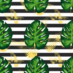 seamless pattern with monstera palm leaves. Tropical textile botanical design. black white geometric background. © MichiruKayo