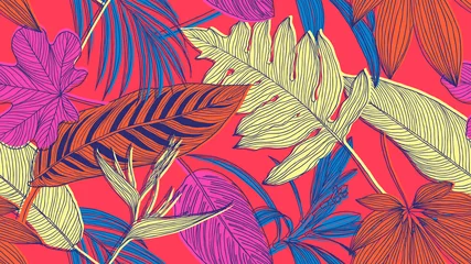 Fototapeten Botanical seamless pattern, colorful tropical leaves and flowers line art ink drawing on red © momosama
